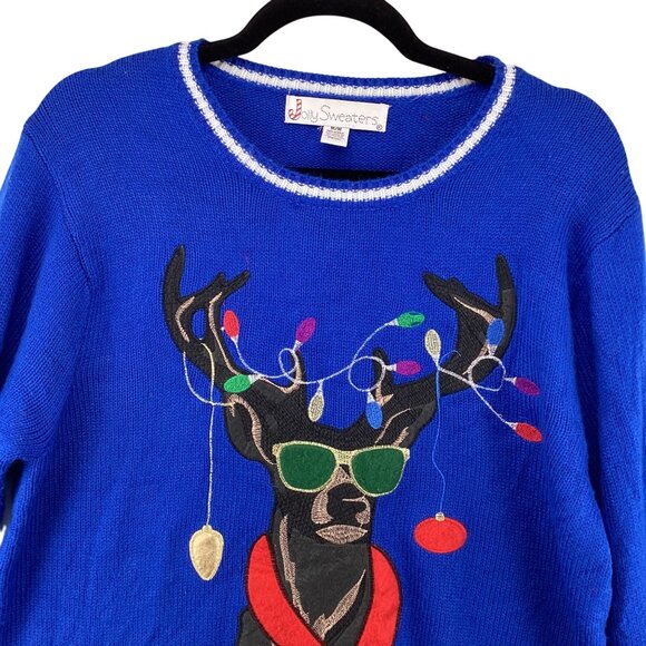 Jolly Sweaters Mens Christmas Sweater Size Medium‎ Blue Reindeer Lights Festive - Picture 2 of 8